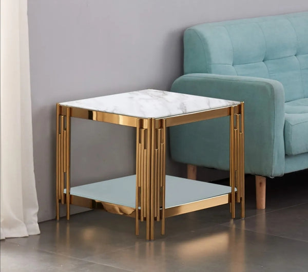 Gueridon Flute Gold Plateau Verre Effet Marbre Et Verre Blanc 5