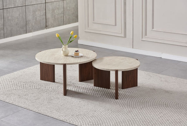 Table Basse Duo Zora Effet Travertin Pied Noyer
