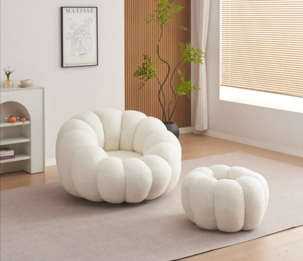 Fauteuil Pivotant Perle En Tissu Doudou Beige + Pouf Repose