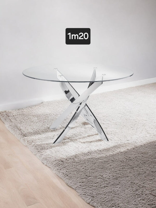 Table Rond Olivia 1m20 Transparent Pied Argent