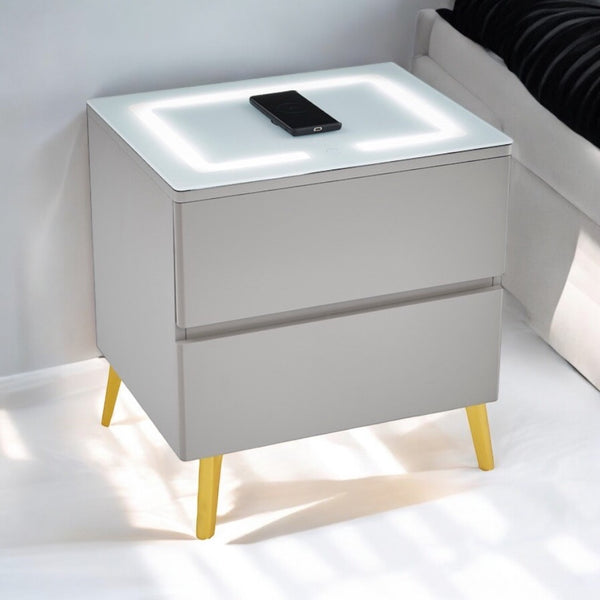 Chevet Lydia LED Chargeur Induction Bois Mat Pied Dore