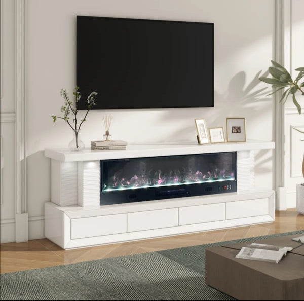 Meuble TV Flamora Chauffage Electrique 1500W Avec Télécommande Effet Flamme 3D Multicolore Et Chargeur